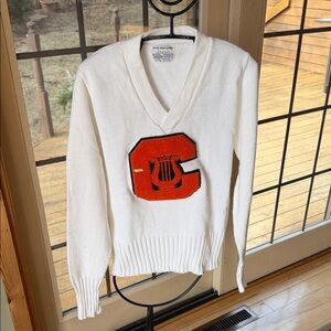Vintage 1970’s White Letterman Band Vneck Ribbed Sweater Orange ‘C’ (Clio, MI)